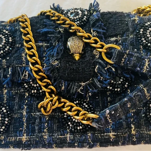 KURT GEIGER NAVY & BLACK EMBELLISHED with Gold Accent Tweed Handbag - Gold Chain - Picture 7 of 16